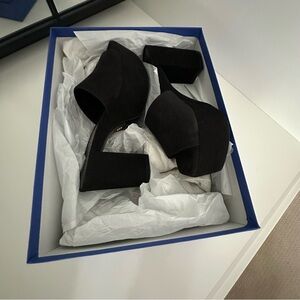 Stuart Weitzman Square High Black Suede Mules Platform